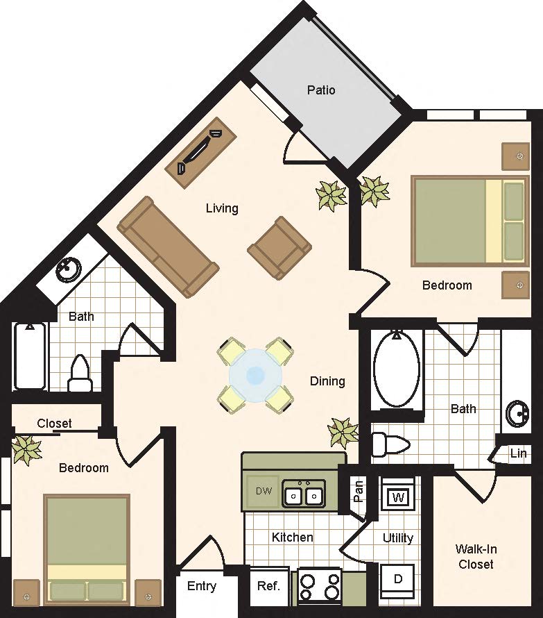 Floor plan for 2 beds, 2 baths, 1081 sqft
